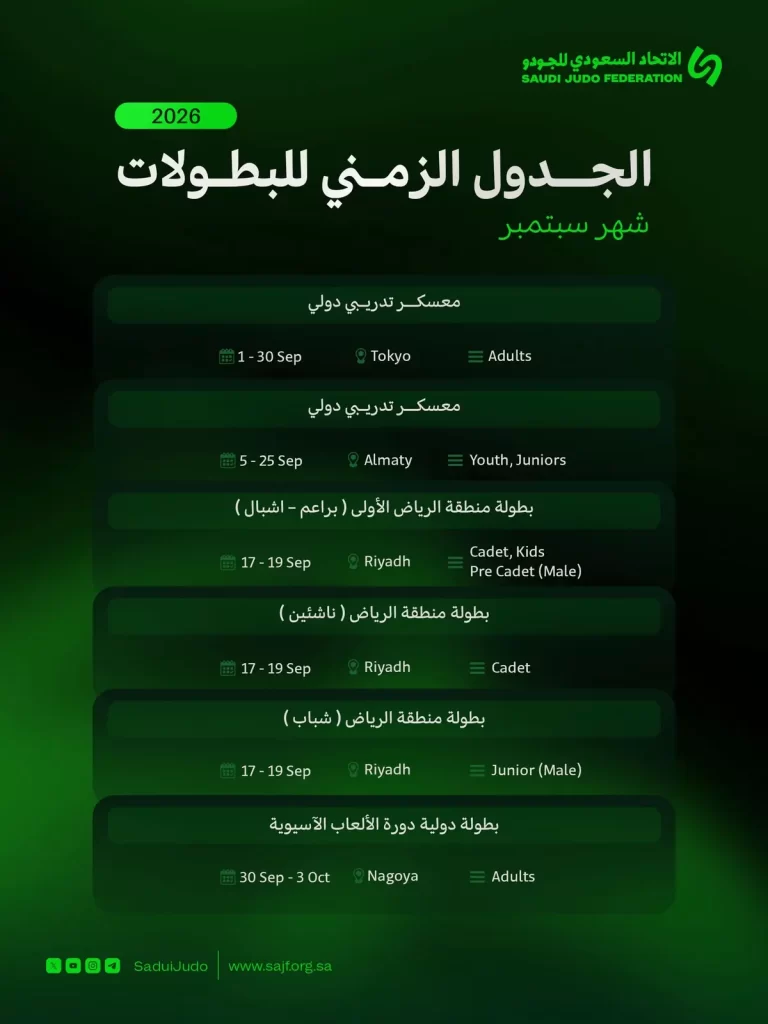 الاتحاد السعودي للجودو يستعرض أبرز البطولات والمعسكرات التدريبية المقررة خلال شهر سبتمبر 2026